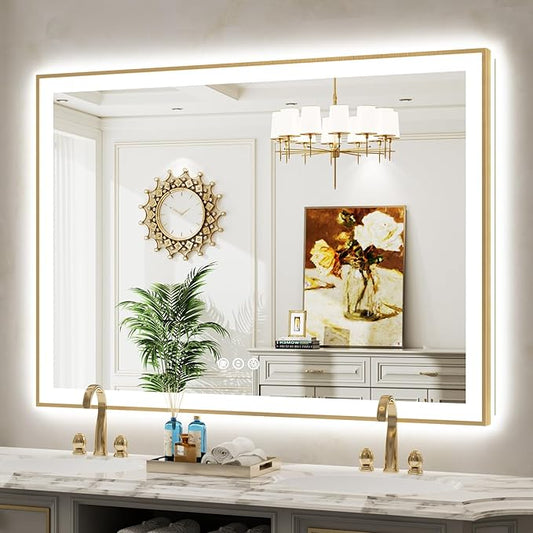 55x40 Inch LED Bathroom Mirror with Lights (Front Lit and Backlit) Gold Framed Lighted Vanity Mirror for Bathroom Wall Dimmable Anti-Fog Memory Tempered Glass Horizontal/Vertical