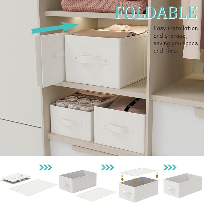 Storage Bins, 3 Pack Foldable Cloth Basket, Cube Organizer with 2 Handles, Suitable for bedrooms, living rooms, wardrobes, and workspaces, White & Ivory, 13 x 9.1 x 5.5 In, XSNY11WS-3
