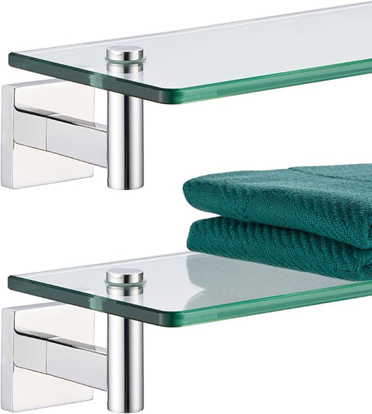 KOKOSIRI Bathroom Shelves Wall Mounted Floating Glass Shelf Polished Stainless Steel 16-Inch Hanging Rack for Storage/Room Decor 2 Pack B1105CH-L16-P2