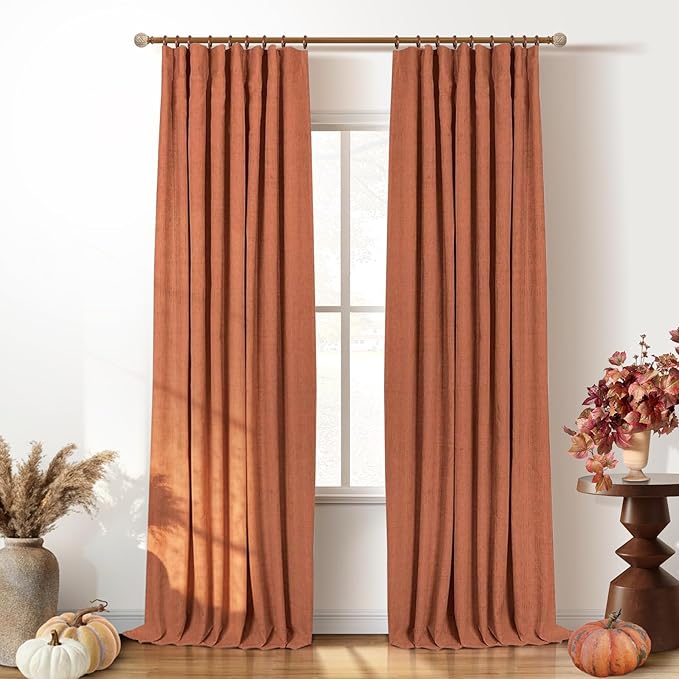 INOVADAY 100% Blackout Curtains for Bedroom, Black Out Curtains 63 Inch Long, Clip Rings Linen Blackout Drapes, Thermal Insulated Room Darkening for Living Room, 2 Panels - Orange,W50xL63