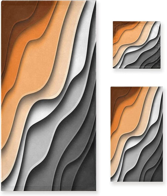 Burn Orange Grey Black Striped Bath Towels Set,Ultra Soft 3 Piece Modern Abstract Beach Waves Towel Set for Bathroom,1 Bath Towel 1 Hand Towel 1 Washcloth,Absorbent Decoractive Bathroom Towels