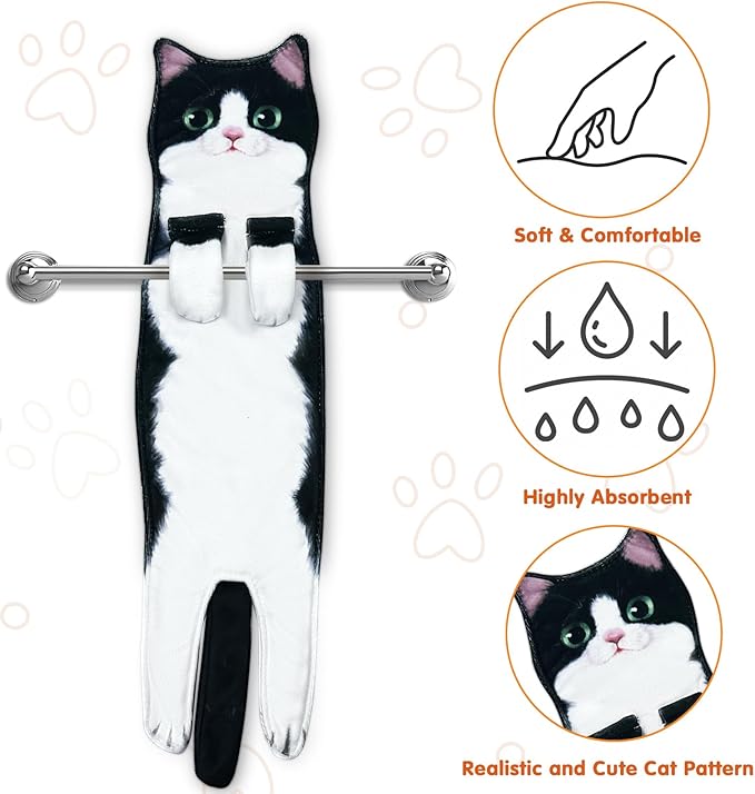 PAT JUUMG Funny Cat Hand Towels for Bathroom Kitchen Decor Towel,Cute Decorative Hanging Face Towels,Super Absorbent Soft, Housewarming Gift,Cat Lovers Gifts for Women (Tuxedo Cat)