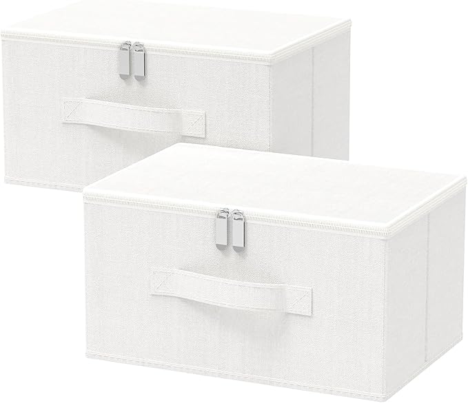 Storage Bins with Lid, Cube Organizer Basket, Closet Boxes with Carrying Handles and Sturdy PP Support Plate, 2 Pack, White, 11.8 x 7.9 x 6.3 In, XSNY16WS-2