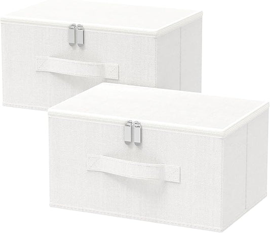 Storage Bins with Lid, Cube Organizer Basket, Closet Boxes with Carrying Handles and Sturdy PP Support Plate, 2 Pack, White, 11.8 x 7.9 x 6.3 In, XSNY16WS-2