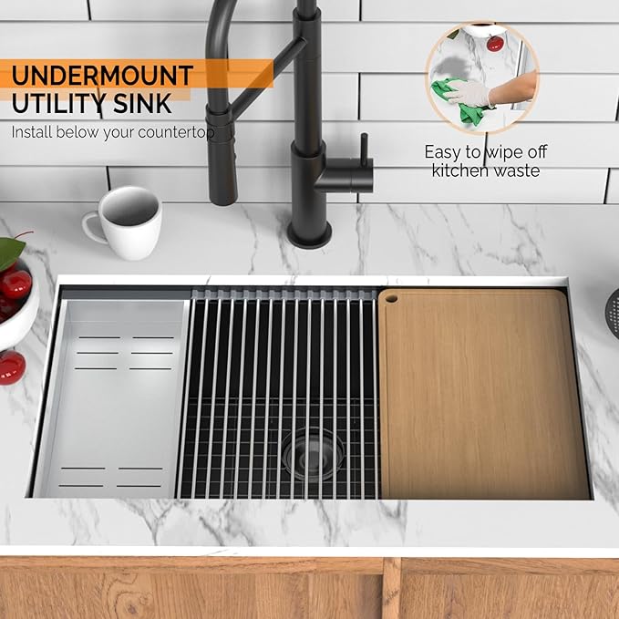 ROVSUN 33 Inch Stainless Steel Undermount, Kitchen Utility Sink, Workstation Deep Single Bowl, Integrated Ledge Multifunctional Workstation Sink Set,Black