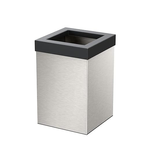 Gatco 1914MX Modern Square Wastebasket, Satin Nickel and Matte Black Combo - Stainless Steel Trash Can with Removable Lid, Leakproof, 3 Gallon Capacity for Bathroom, Bedroom, Kitchen, or Office
