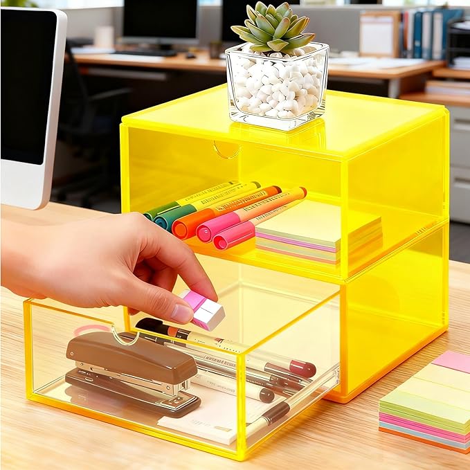 Acrylic Desk Organizer with Drawers Stackable Makeup Organizer for Vanity Office Countertop Cosmetic Display Cases Makeup Storage Box, Neon Yellow