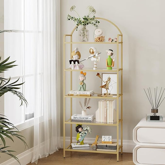 Bookcase Bookshelf, Tempered Glass Bookshelves, Slim Shelving Unit for Bedroom, Bathroom, Home Office, Steel Frame, 5 Tier Gold BC21599G