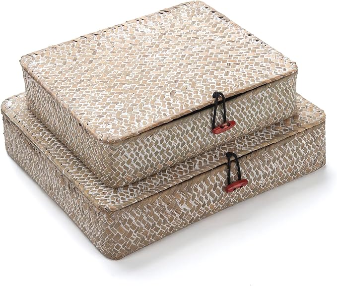 DOKOT Whitewash Flat Seagrass Storage Bins with Lid, Wicker Basket for Shelf Organize, Set of 2 (Small+Large)