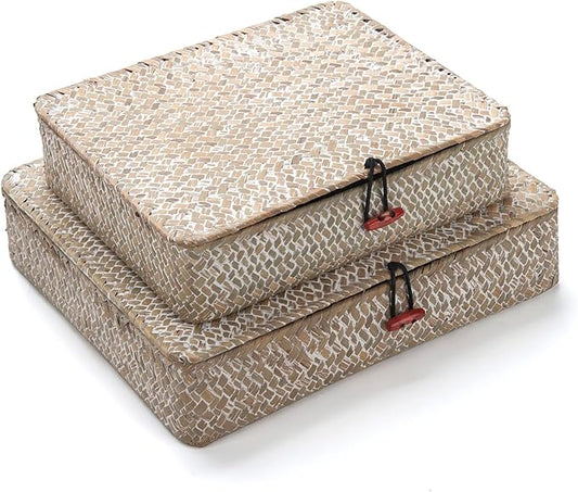 Whitewash Seagrass Basket with Lid Rectangular Decorative Storage Boxes for Shelf Organize Snack Toys Set of 2 (Large+Small)
