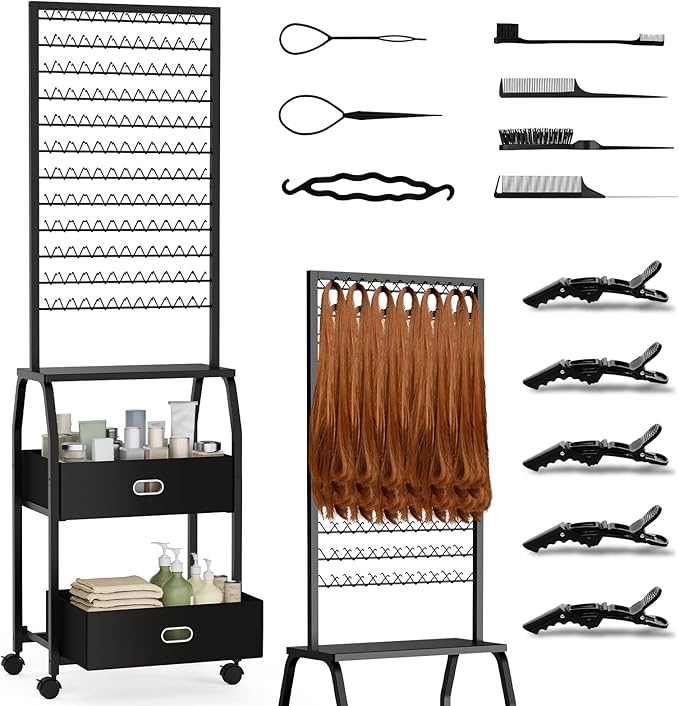 Portable Braiding Hair Rack with Wheels & Storage Drawers,2-Sided 288 Pegs,Hair Extension Holder Hanger for Braiding Hair Separator Stand Display,Hair Rack with Stylist Hair braiding Tools (Black)