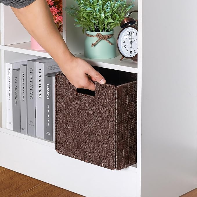 2-Pack Collapsible Ribbon Woven Storage Bins with Metal Structure, Shelf Basket, Pantry Organizer, Home Decorative Utility Cubes (11 x 11 x 11 in, Brown)