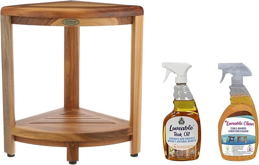 EcoDecors Fully Assembled SnazzyCorner® 18" Teak Shower Bench, Corner Shower Stool, w Shelf, Plus Loveable Teak Oil Spray Bottle 24 oz, Loveable Teak Cleaner 32 oz, Space Saver Corner be