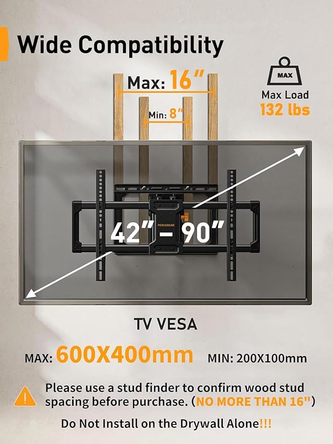 Perlegear UL Listed Full Motion TV Wall Mount for 42-90 inch TVs up to 132 lbs, TV Mount with Dual Articulating Arms, Tool-Free Tilt, Swivel, Extension, Leveling, Max VESA 600x400mm, 16" Studs, PGLF8.