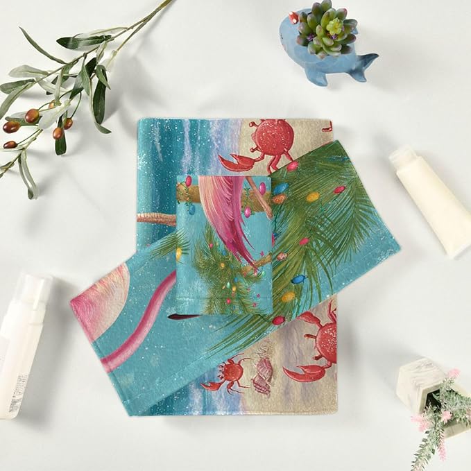 Christmas Winter Towels Set of 3 Christmas Tropical Flamingo Palm Tree Crab Bathroom Towel Soft Absorbent Bath Hand Towels Washcloth Guest Towel Sets Xmas Holiday Decor