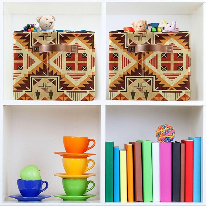 Storage Basket Native American Style Storage Bin Cube with Handles Foldable Storage Baskets for Shelves Living Room Home Decor 2PCS