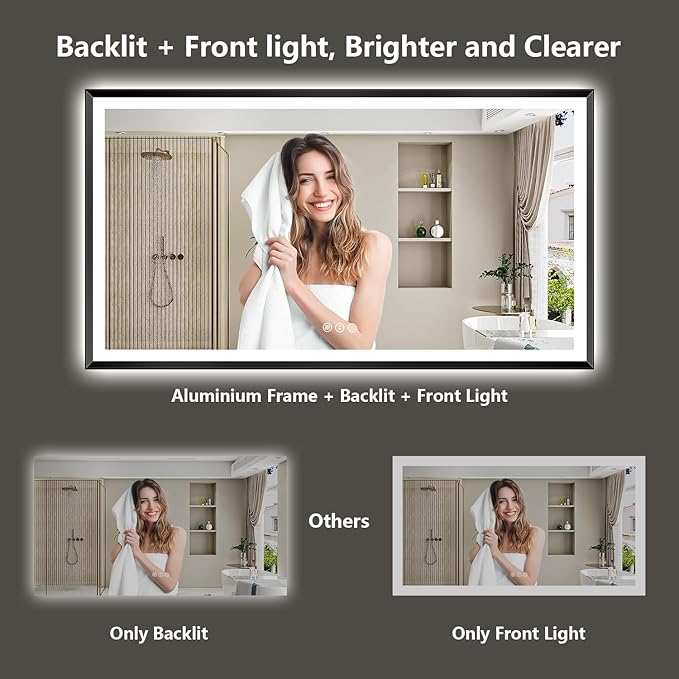 66x36 Black Framed LED Bathroom Mirror with Lights, Backlit and Front Light, Lighted Bathroom Vanity Mirror for Wall Dimmable Anti-Fog Memory Tempered Glass Horizontal/Vertical