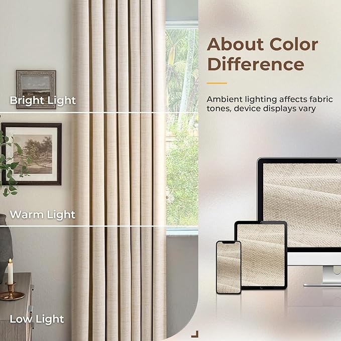 INOVADAY 100% Blackout Curtains for Bedroom, Black Out Curtains 102 Inch Long, Clip Rings Linen Blackout Drapes, Thermal Insulated Room Darkening for Living Room, 2 Panels - Cream,W50xL102