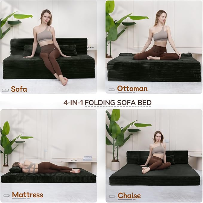 Folding Sofa Bed Queen Size, Convertible Sleeper Chair Loveseat with Pillow, Futon Chair Sofa Bed, Fold Out Floor Couch, Foldable Mattress for Living Bedroom Guest Room Dorm, Charcoal Moss Grey