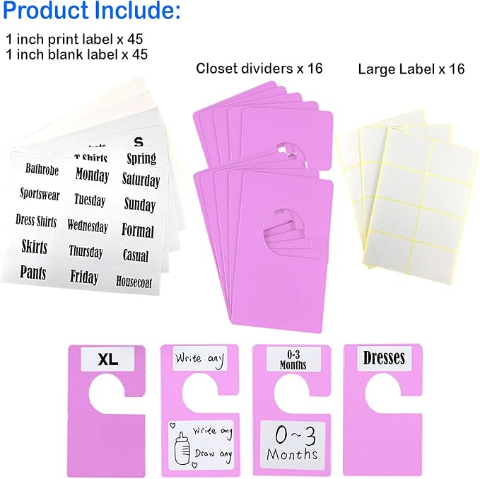 16 Pack White Clothing Rack Size Dividers Plus 45 Labels (1 Inch) and 18 Large Blank Labels, Large Rectangular Clothing Closet Dividers (Purple)