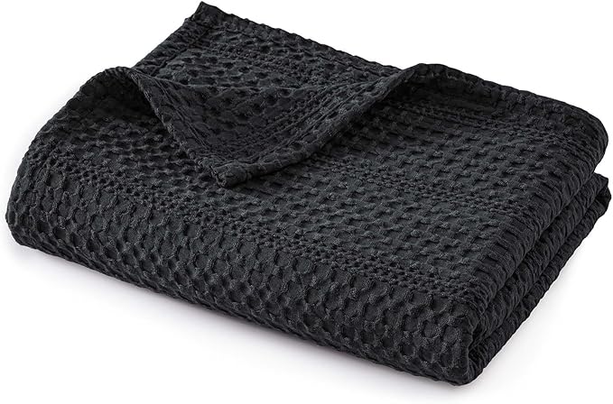 PHF Lightweight Waffle Weave Throw Blanket 50"x 60", Soft Woven Summer Blanket for Hot Sleepers - Aesthetic Home Decor for Couch Bed Sofa, Pet Friendly, Black