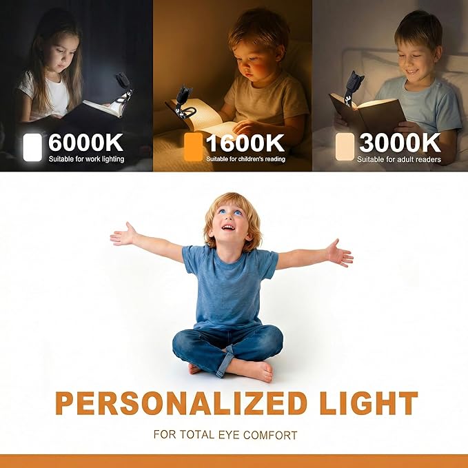 Rechargeable Kids Book Light, Cute Bookmark Reading Light for Kids, Dimmable Portable LED Book Light for Reading in Bed, Eye-Caring Bedtime Reading Lamp for Children & Travel, Black&Grey