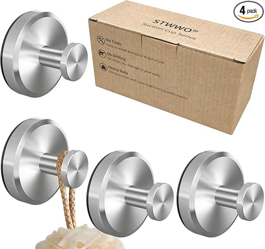 Suction Cup Hooks for Shower, Bathroom, Hanging Towels, Loofah, Robe, Mounting on Shower Glass Doors, Tile, Mirrors, Brushed Nickel, Rubber Suction Cup, 4-Pack