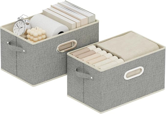 Fabric Open Storage Bins with Metal Handles, Collapsible Organizer Baskets, Foldable Cube Boxes for Shelves, Closet, Living Room, 13x9.1x7.9in, Grey, 2 Pack
