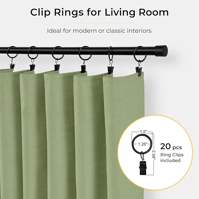 INOVADAY 100% Blackout Curtains for Bedroom, Black Out Curtains 96 Inch Long, Clip Rings Linen Blackout Drapes, Thermal Insulated Room Darkening for Living Room, 2 Panels - Sage Green,W50xL96