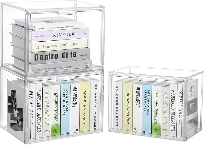 Cube Storage Organizer Acrylic Book Case Display Case Box Stackable Book Storage Containers With Magnetic Door Clear Plastic Portable Organizer For Living Room Bedroom 3 Pack