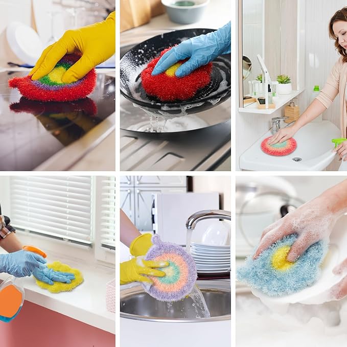 16 Pcs Dish Scrubber Non Scratch Dish Washing Scrubbers Reusable Household Cleaning Kitchen Tools for Dishwashing Washing Dishes Cookware Tubs Sinks (Flower)