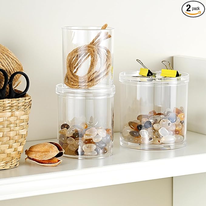 SheeChung 2-Pack Stackable Qtip Holder with Storage Lids - Clear Plastic Apothecary Jars for Bathroom Organization - Shatterproof Cotton Swab Dispenser with Labels - 10oz Vanity Counter Organizer