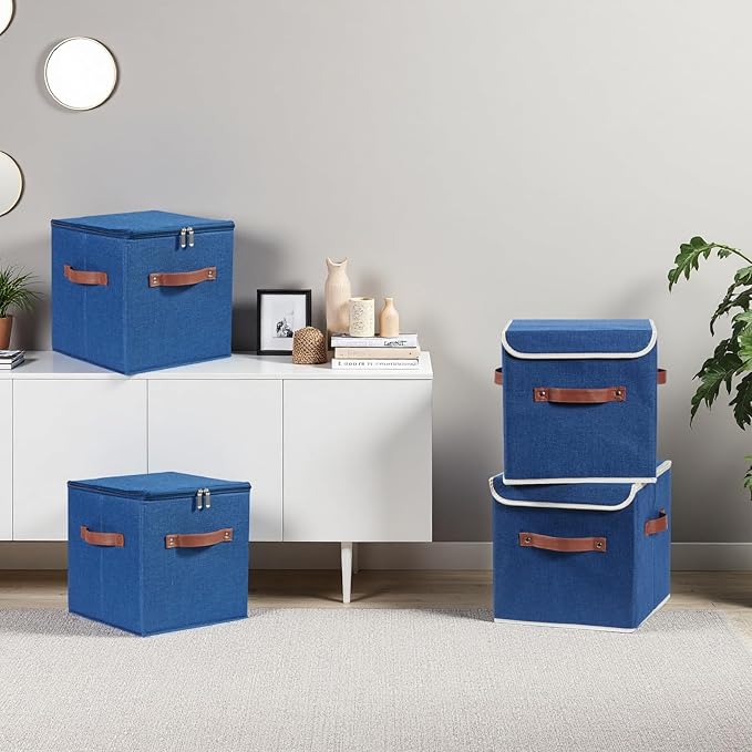 4PCS Storage Cubes with Lid Fabric Storage Bin Box PU Leather Handles Cotton Linen Closet Organizer Container Decorative Foldable Washable Shelf Cloth Basket (Zipper Lid, Deep Blue, 11in)