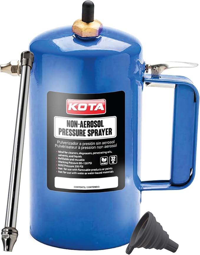 LAUCO Non Aerosol Pressure Sprayer - Refillable Pressurized Sprayer Bottle for Oil, Solvent, Degreasers, Lubricants - Rechargeable Steel Canister with Brass Nozzles, 32oz. (1, Blue)