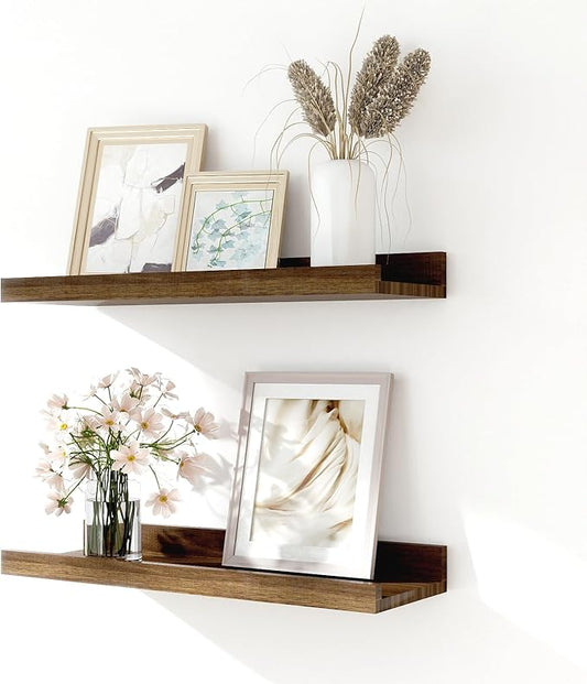 Floating Shelves for Wall Decor, Wall Mounted Wood Storage Shelf for Bedroom, Living Room, Bathroom, Kitchen, Nursery, Display Picture Ledge Shelf with Lip Set of 2-14 Inches, Walnut