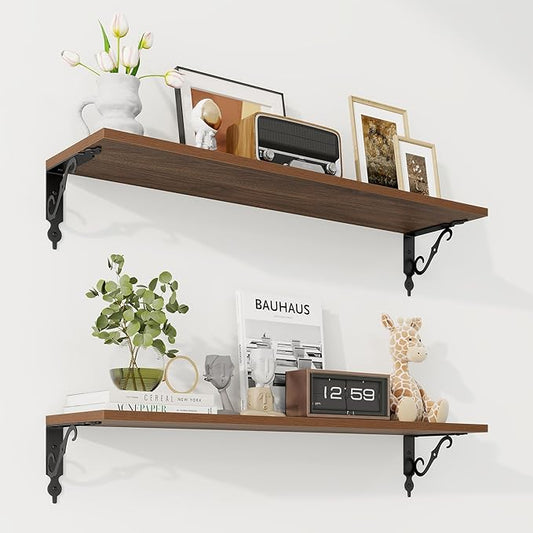 RICHFOCUS Floating Shelves for Wall Decor, 31.5W x 8D Shelves Set of 2, 8" Deep Rustic Wood Floating Shelves Wall Mounted with Metal Brackets, Shelves for Living Room Bedroom Kitchen, Walnut