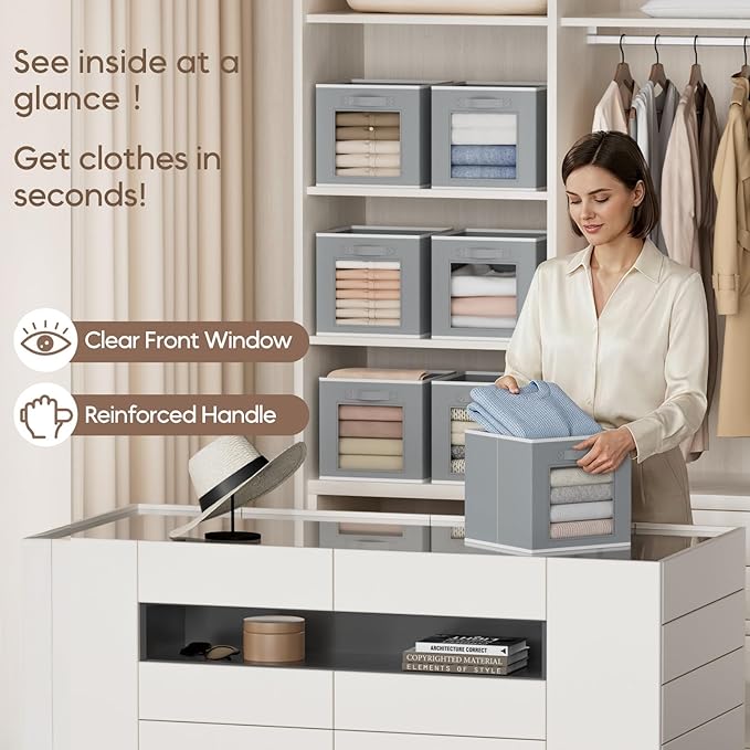 Storage Cube 11 Inch - Cube Storage Bins with Window, Closet Storage Baskets with Handle, Fabric Bins for Closet, Shelves, Toys, Clothes, Set of 6, Grey