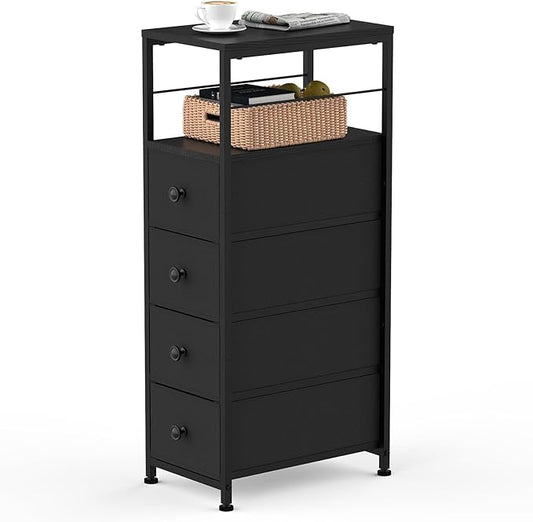 YBING Narrow Dresser for Bedroom, Slim Chest Organizer Nightstand, 4 Fabric Drawers with Wood Shelf, Side Tables for Small Spaces, Black