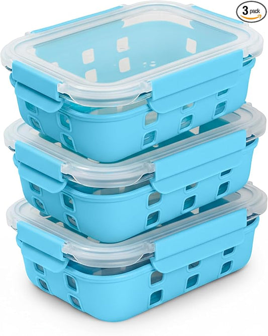 ECOBERI 4.5 Cup Glass Meal Prep Containers with Lids & Silicone Sleeves, 3-Pack Airtight, Leak-Resistant Food Storage Containers for Fridge, Freezer, Oven & Microwave