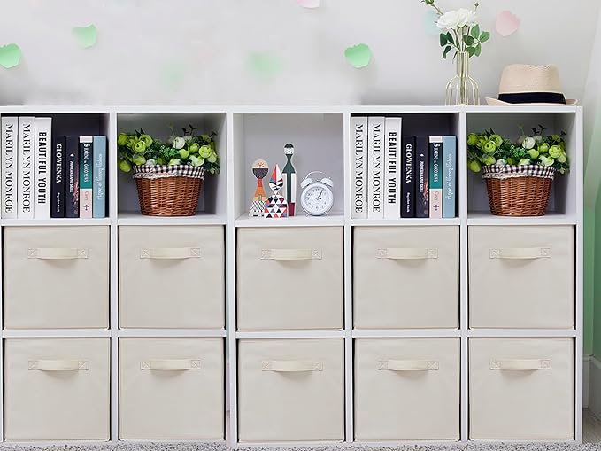 Storage Cubes, 11 Inch Cube Storage Bins, Set of 10, Fabric Foldable Storage Bins With Handles, Closet Storage Organizer Bins, Cubby Clothing Storage Baskets for Shelves, Beige