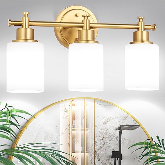 3-Light Gold Bathroom Vanity Light Fixtures, Brushed Gold Wall Sconce, Champagne Gold Vanity Light with Milky White Glass Shade Over Mirror, Bathroom, Bedroom, Modern Style, E26 Base