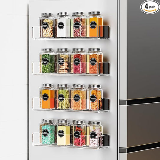 4 Pack Acrylic Spice Racks for Refrigerator and Oven, Magnetic Fridge Organizers and Storage, Clear