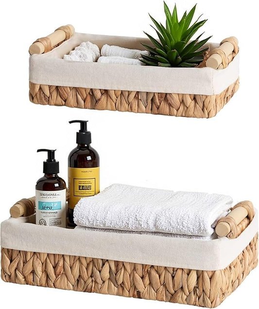 Baskets for Organizing, Set of 2 Natural Water Hyacinth Bathroom Countertop Baskets with Liner, Wicker Basket Organizer with Wooden Handles for Vanity, Counter, Shelf Storage