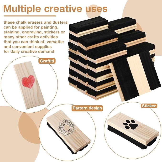 Felt Campus Style Erasers, Cleaner Dusters Felt Chalkboard Eraser for Kids Wood Chalk Eraser for Chalkboard Cleaners Dusters for Markers White Black Boards Paint School Students Teachers (36 Pieces)