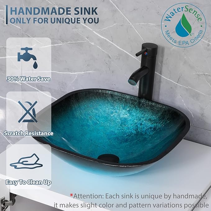 eclife 84" Modern Bathroom Vanity Sink Combo Freestanding Cabinet with Small Side Cabinet, Turquoise Square Glass Vessel Sink, Water Save Faucet, Drain (White+A10)