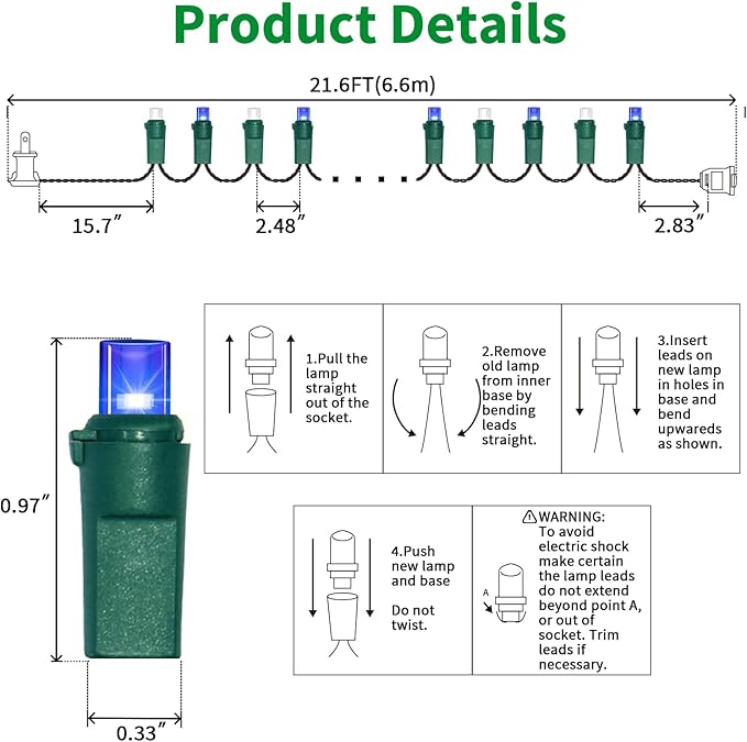 LAMPHOME Blue White Christmas Lights Outdoor, 21.6FT 100 Led Plug in Mini Fairy String Lights Green Wire,Waterproof Christmas Tree Light for Indoor Outside Bedroom Party Wedding Independence Day