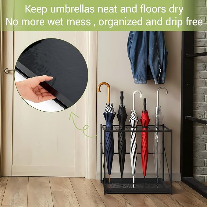 Folding Umbrella Storage Stand Rack Holder Organizer Free Standing Umbrella Rack with Removable Drip Tray for Entryway Home Office Hotel Entry Hallway(L18.31 X W11.89 X H19.69 Inch)