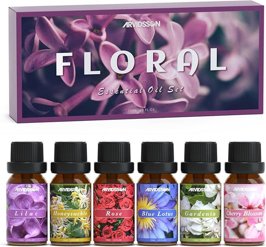 ARVIDSSON Floral Essential Oils Set, Natural Flower Essential Oil Gift for Women - Rose, Gardenia, Cherry Blossom, Honeysuckle, Lilac, Blue Lotus, Scented Oil for Diffuser, Valentines Day Gift for Her