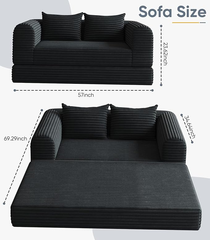 57“ Loveseat Folding Sofa Small Couches Armchair Convertible Chaise Longue Versatile 2 in 1 for Small Spaces, Couch Mid Century Love Seat Couches for Bedroom, Apartment, 2-Seater, Black