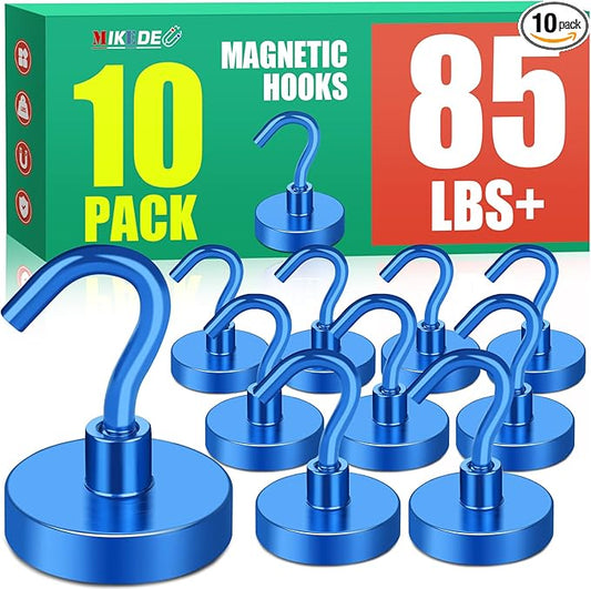 MIKEDE Magnetic Hooks, 85Lbs Strong Neodymium Magnets with Hooks for Cruise, Heavy Duty Earth Magnets Hooks for Refrigerator Hanging, Magnetic Hanger for Cabins, Grill (Blue, 10 Pack)